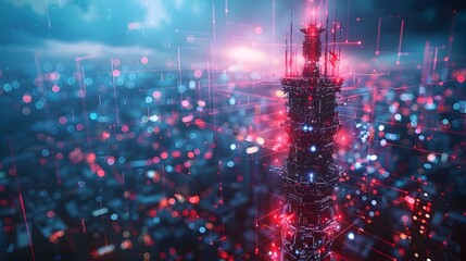 Poster - 5G Network Tower with Dynamic Digital Connectivity Visualization Enhancing Urban Communication Infrastructure