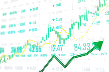 Canvas Print - Abstract financial chart with upward trending arrow and candlestick graphs, on a bright background, concept of stock market growth. 3D Rendering