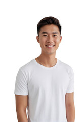 Wall Mural - Attractive young korean man wearing white shirt, smiling and looking at the camera, isolated, transparent background, no background. PNG.