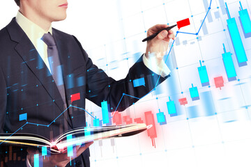 Wall Mural - A businessman analyzing financial trends with digital graphs overlaid, concept of market analysis on a light background