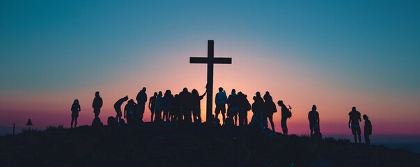 Wall Mural - Sunset silhouette of a crowd gathering around a cross on a hilltop