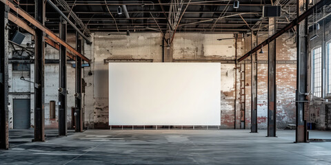 Poster - A brick wall with a white blank screen in an industrial building brought back to life as an event space