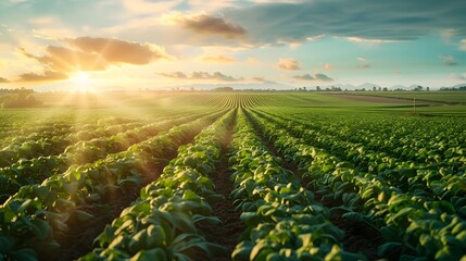 Poster - vast agricultural field with efficient ai driven irrigation system at sunrisesunset
