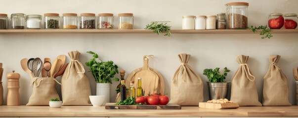 Modern kitchen with organic ingredients and reusable bags, eco-conscious cooking