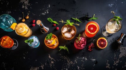 Assortment of alcoholic drinks Cocktails at the bar, top view