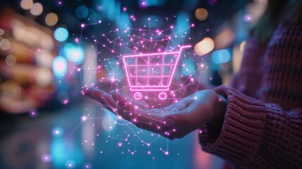 Girl using smartphone shopping online, shopping cart icon on screen mobile phone with chat box, cart,shopping bag icons pop up. Social media marketing concept.