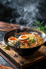 Poster - Authentic Ramen Bowl Photography, Steamy, Flavorful Broth, Tantalizing, Noodle Perfection, Japanese-inspired background