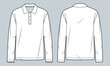 © Liubov Hladka - Polo Shirt technical fashion illustration. Long Sleeve Shirt fashion flat technical drawing template, polo collar, buttons, relaxed fit, front and back view, white, women, men, unisex Top CAD mockup.