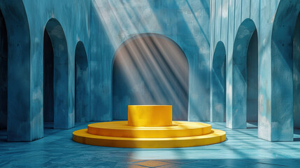 Wall Mural - A yellow stage with a golden microphone sits in the center of a blue room.