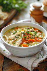 Wall Mural - Comforting Bowl of Chicken Soup, Nourishing, Warm, Homestyle, Comfort Food, Cozy Kitchen background 