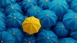 © atipong - Lots of blue umbrellas and one yellow one that stands out. The concept of differentiation, individuals. 3d rendering, 3d illustration.