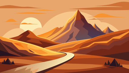 Wall Mural - Minimal style design of an abstract landscape with mountains and roads on a warm background. Suitable for prints, interiors, and decoration, banner and poster