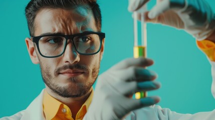 Wall Mural - scientist with test tube and liquid on teal background close up text space