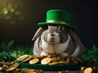 © DEER FLUFFY - domestic rabbit sitting on golden coins under green hat, st patricks day concept.