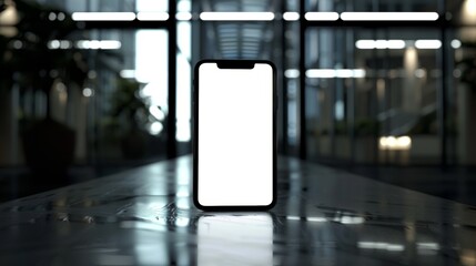 a mobile phone with a blank display on office background, mockup