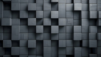 Wall Mural - 3D rendered wall filled with black cubes. Background texture Black cube background with a modern, mysterious feel. Abstract geometric pattern of black cubes in a 3D space.