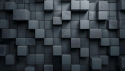 Wall Mural - 3D rendered wall filled with black cubes. Background texture Black cube background with a modern, mysterious feel. Abstract geometric pattern of black cubes in a 3D space.