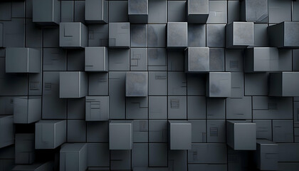 Wall Mural - 3D rendered wall filled with black cubes. Background texture Black cube background with a modern, mysterious feel. Abstract geometric pattern of black cubes in a 3D space.