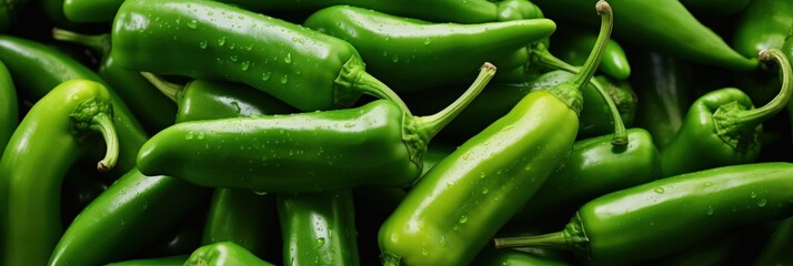 Wall Mural - Close-up of a bountiful harvest of fresh, green jalapeno chili peppers with water droplets.