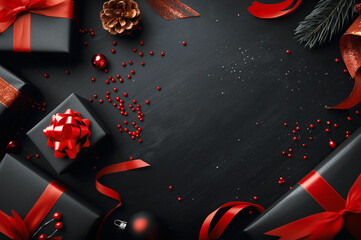 Christmas gifts, ornaments and decoration filling the black background