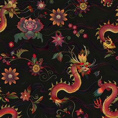  Red-Orange Dragon and Floral Repeat Print in Traditional Chinese Style