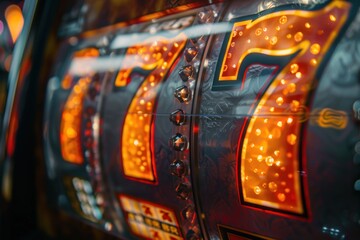 Close-up of a vibrant slot machine display showing lucky number 7 and BAR symbols