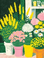 Wall Mural - Beautiful flower shop illustration in yellow and green point colors, Generative AI