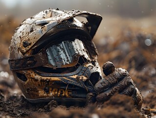 Mud Splattered Motocross Helmet and Gloves on Dirt Track Highlighting the Thrill of the Sport