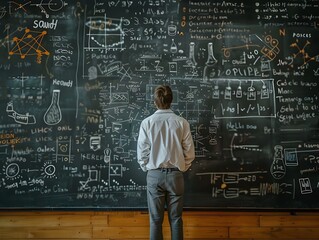 Poster - scientist pondering over complex equations on a blackboard embodying the fine line between doubt and