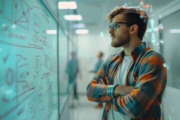 Fototapete - Focused Professional Analyzing Complex Data on a Whiteboard in a Modern Office