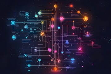 Wall Mural - Colorful Digital Network Diagram with Technology Icons