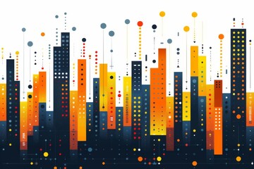 Poster - Vibrant city skyline illustration with colorful buildings and dotted pattern, modern urban design