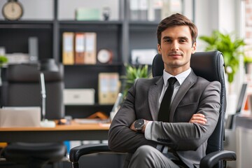 Wall Mural - Confident and successful businessman sitting in his office with his arms crossed