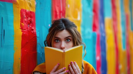 Wall Mural - Close up of woman with empty book against colorful backdrop