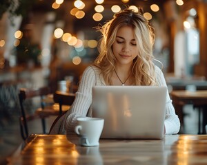 Poster - Businesswoman Working Remotely in a Stylish Cafe Ambiance with Laptop and Coffee