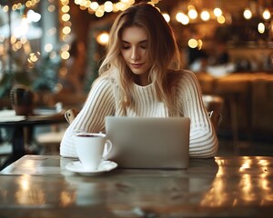 Poster - Businesswoman Working on Laptop in Stylish Caf Embodying Modern Work Culture