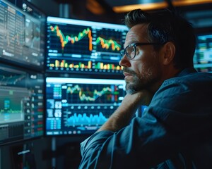Poster - Businessman Analyzing Market Trends on Digital Dashboard Showing Financial Analytics