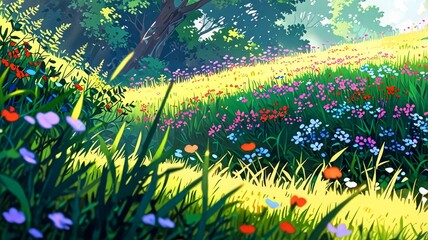 Wall Mural - Background of flower meadow inside forest in anime manga style