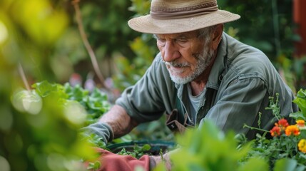 heartwarming photo of a senior man engaging in gardening, surrounded by lush green plants. The man should be dressed in comfortable gardening attire, such as a hat, gloves, and casual clothing,