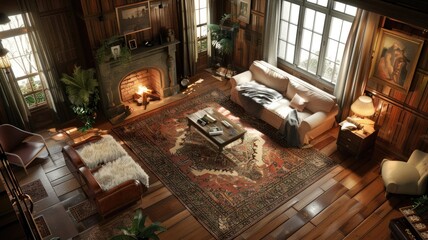 Wall Mural - This cozy living room features a fireplace, antique furniture, and natural light, creating a warm ambiance AIG59