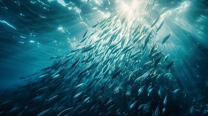 Canvas Print - Mesmerizing School of Sardines Forming Patterns in the Ocean with Sunlight Reflection