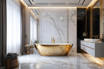 Modern designer bathroom interior, room with white bathtub. Wall house and indoor home style tub to bathe. Apartment clean, luxury floor with nobody. Contemporary decor,
