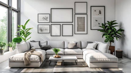 Wall Mural - Sleek modern living room with a stylish gallery wall, minimalist decor, and a large window allowing natural light.