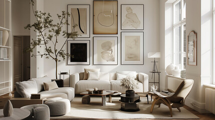 Wall Mural - Sleek modern living room with a stylish gallery wall, minimalist decor, and a large window allowing natural light.