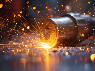 Poster - Bright Sparks Fly from Electric Arc Welder in Action Capturing Industrial Manufacturing Process