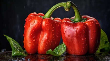 Wall Mural - Fresh red bell peppers on rustic background with water droplets, perfect for cooking and food photography.