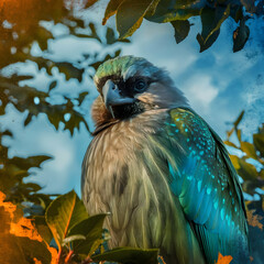 amazing colorful bird sitting on a branch of tree with background sky