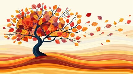 Canvas Print - Vibrant Autumn vector background featuring a tree and golden leaves for seasonal designs.