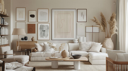 Wall Mural - Stylish living room with a well-designed gallery wall, cozy seating, and modern decor elements in a serene palette.