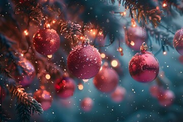 Poster -  Festive Christmas decorations hanging from a tree.